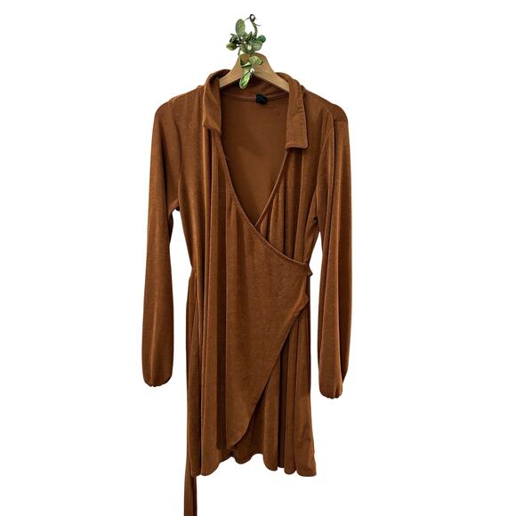 WILD FABLE Camel Long Sleeve Faux Wrap Belted Dress Draped Longline SIZE LARGE - Picture 2 of 7